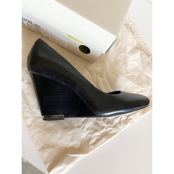 Katherine Kelly Leather Mara Wedge Shoes Sz 6 Black Gold Almond toe - Picture 6 of 14